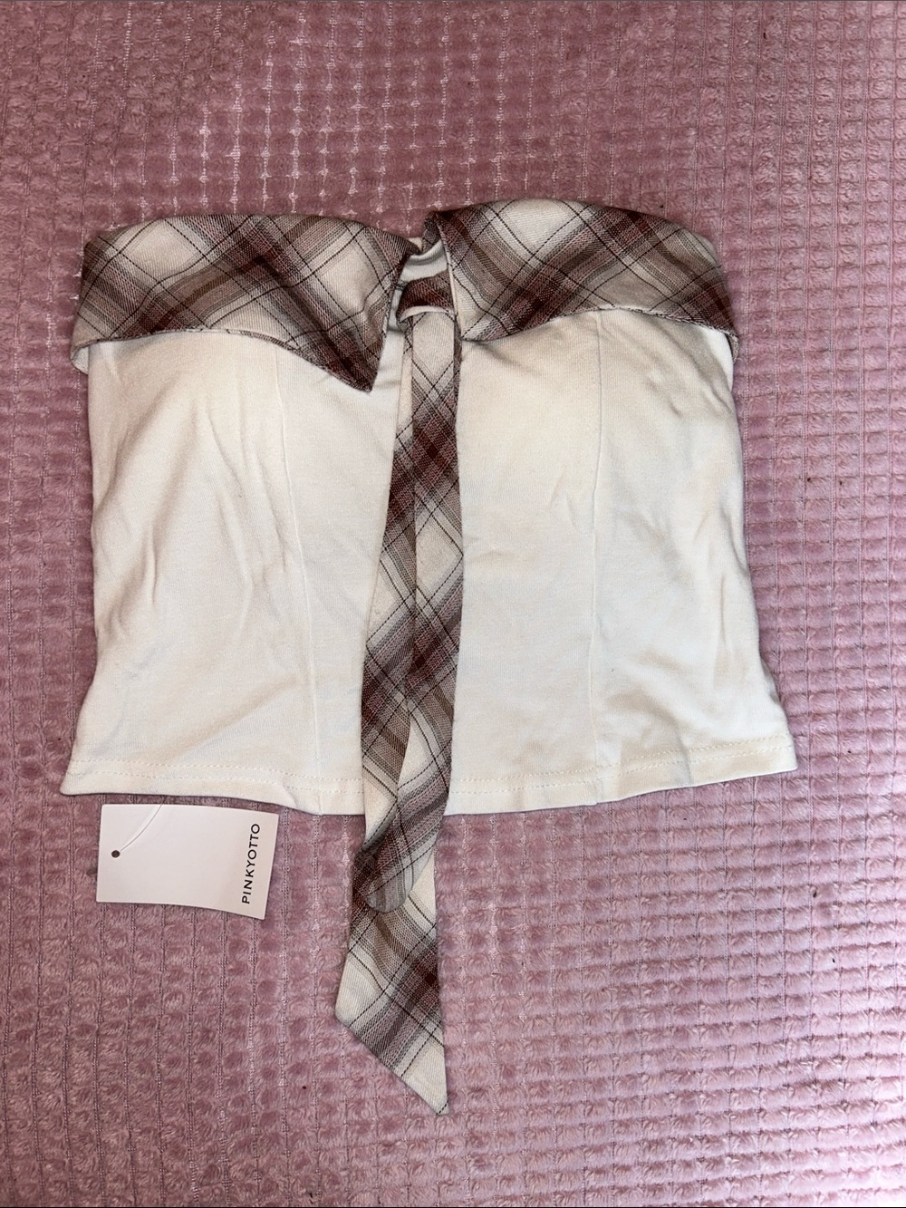 Pinkyotto Cream Strapless Bustier with Pink Plaid Trim